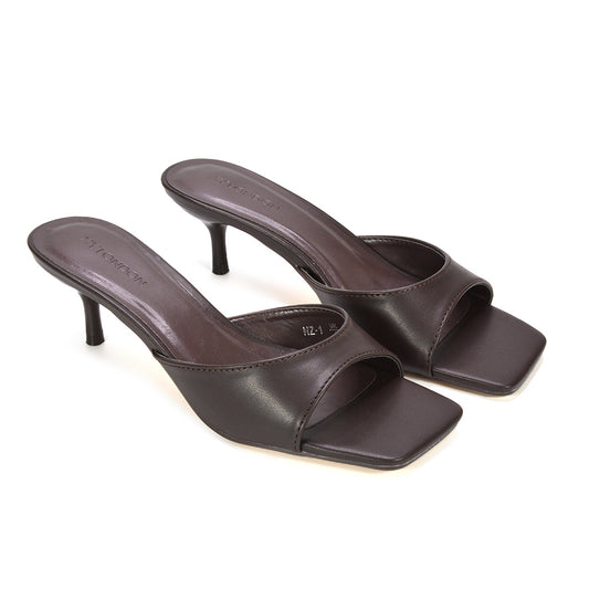 summer heels, kitten heel mule sandals, minimalist square toe stiletto mule heels, mule heels, kitten heel sandals for parties, faux leather kitten heel mules, affordable kitten heel mule sandals, brown mule heels, brown summer heels
