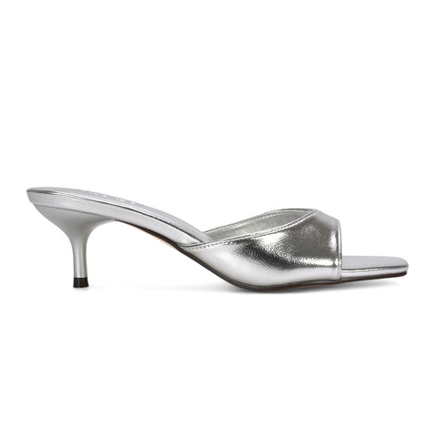 stiletto kitten heel sandals, elegant kitten heel slip-on sandals, fashion-forward kitten heel sandals, dressy mule sandals for evening wear, cushioned insole mule heels, best square toe mule heels for women, silver stiletto heels, silver square toe heels