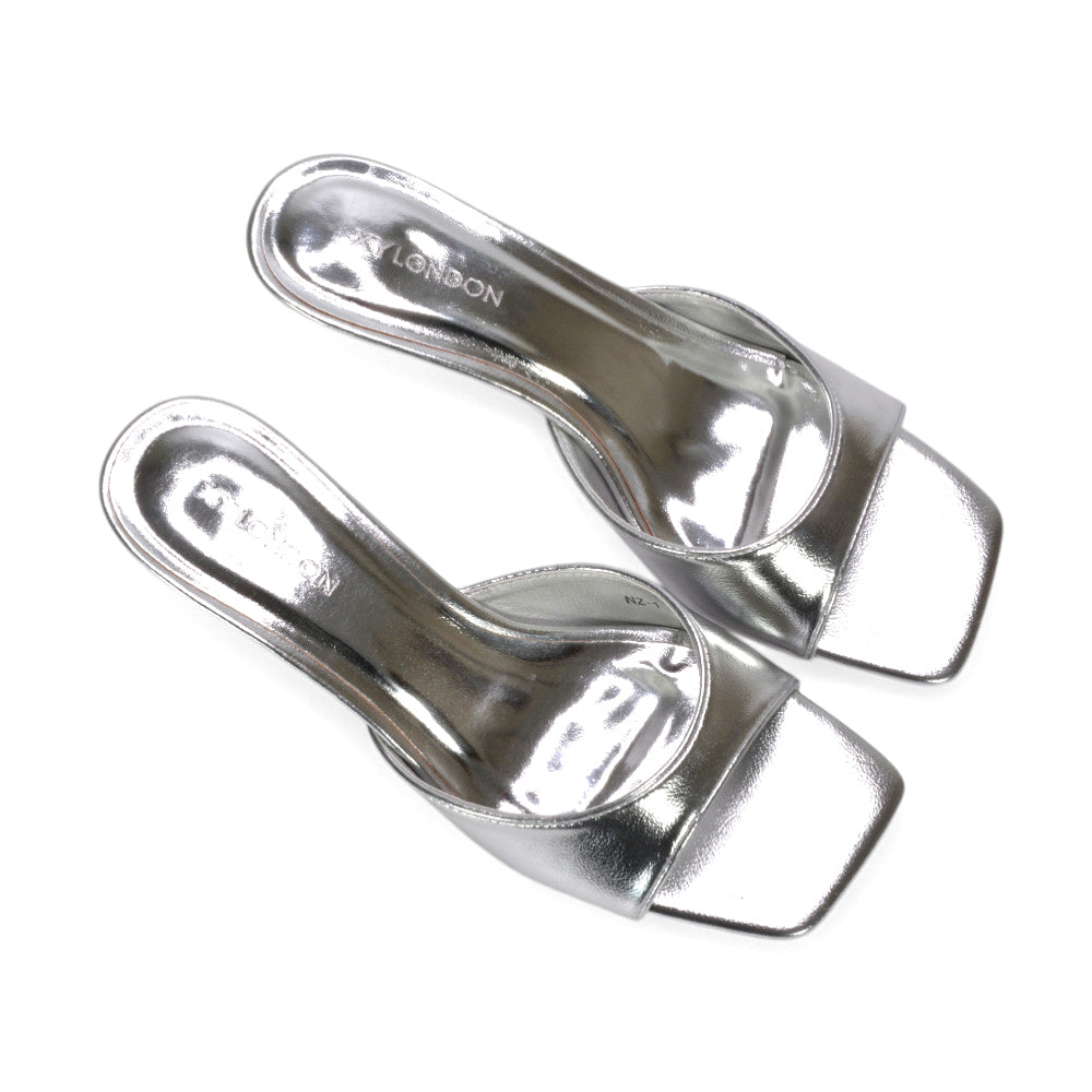 open toe mule heels, comfortable low heel mule sandals, Y2K square toe heels, summer square toe sandals, breathable open toe mule sandals, square toe kitten heels free shipping, womens silver heels, silver heels for holidays