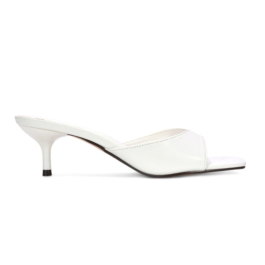 summer heels, kitten heel mule sandals, minimalist square toe stiletto mule heels, mule heels, kitten heel sandals for parties, faux leather kitten heel mules, affordable kitten heel mule sandals, white mule heels, white summer heels