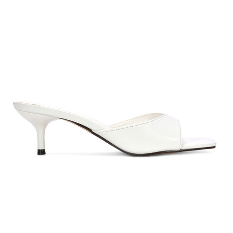 summer heels, kitten heel mule sandals, minimalist square toe stiletto mule heels, mule heels, kitten heel sandals for parties, faux leather kitten heel mules, affordable kitten heel mule sandals, white mule heels, white summer heels