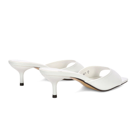 slip-on heeled sandals, chic open toe kitten heel mules, sleek slip-on stiletto mules, white slip on stiletto heels, white mid heel mules