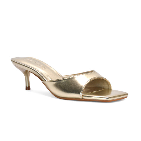 Katherine Square Toe Stiletto Kitten Heel Mule Sandals in Gold Metallic