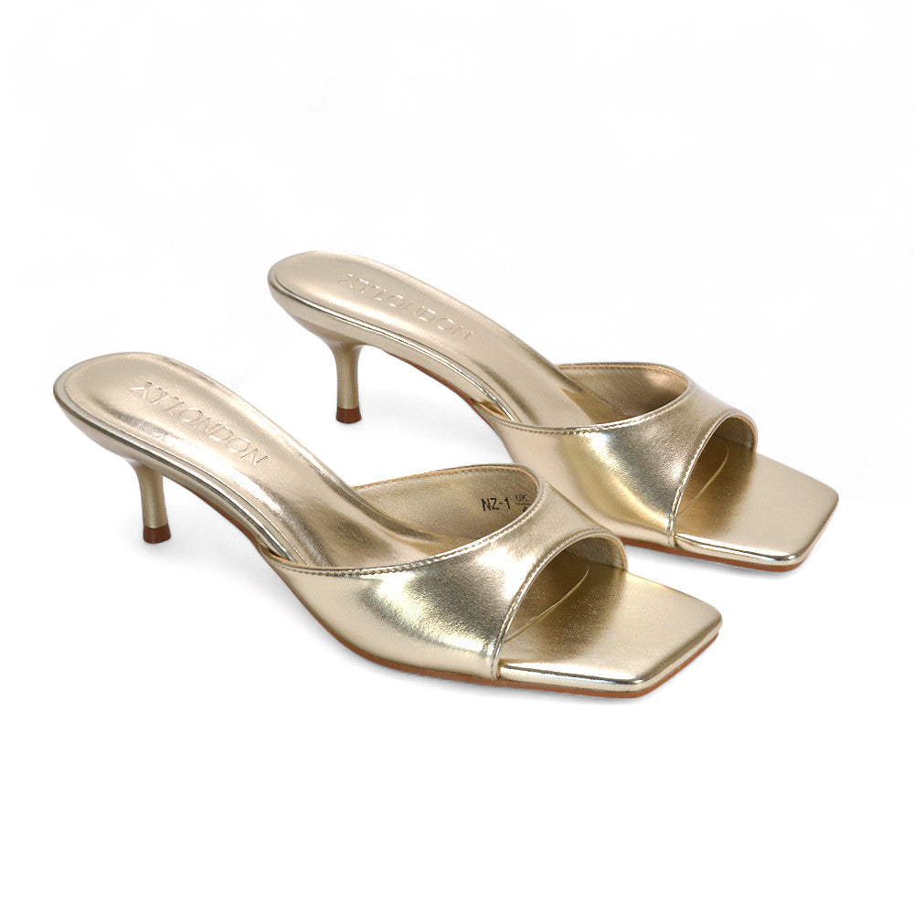 gold heeled mules, golf kitten heel shoes, heeled mules, kitten heel shoes