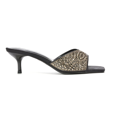 square toe mule heels, dressy slip-on heels with crystals, formal event sandals, best kitten heel mules for women, black square toe heels, black slip on heels