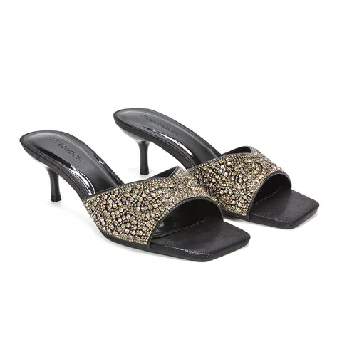 rhinestone mule heels, comfortable kitten heel mules for parties, evening party heels, trendy square toe sandals, party heels, black sparkly heels, black party heels