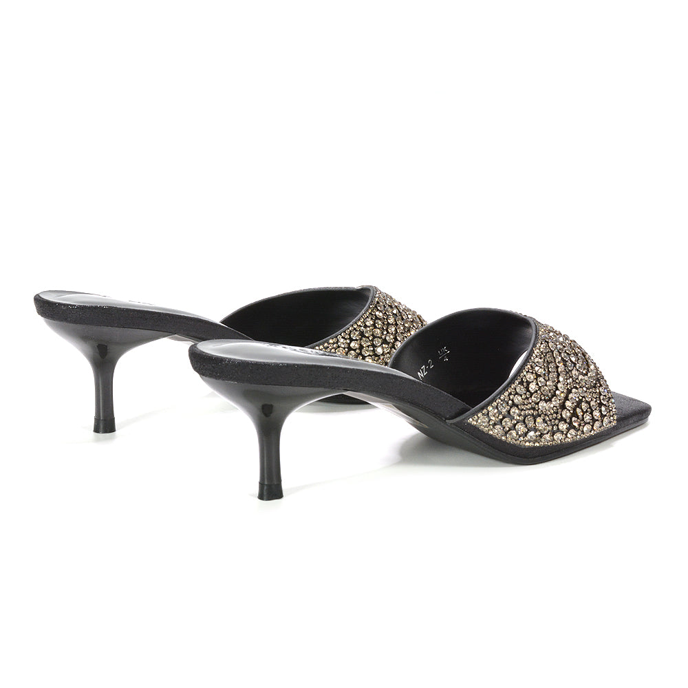 slip on square toe mule heels, square toe heeled sandals, stiletto heels, mid heels, black mid heels, black square toe mule heels