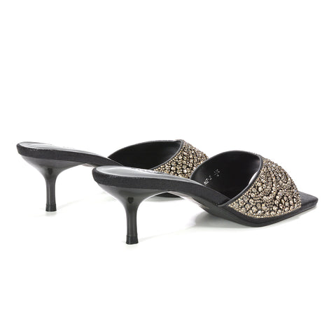slip on square toe mule heels, square toe heeled sandals, stiletto heels, mid heels, black mid heels, black square toe mule heels
