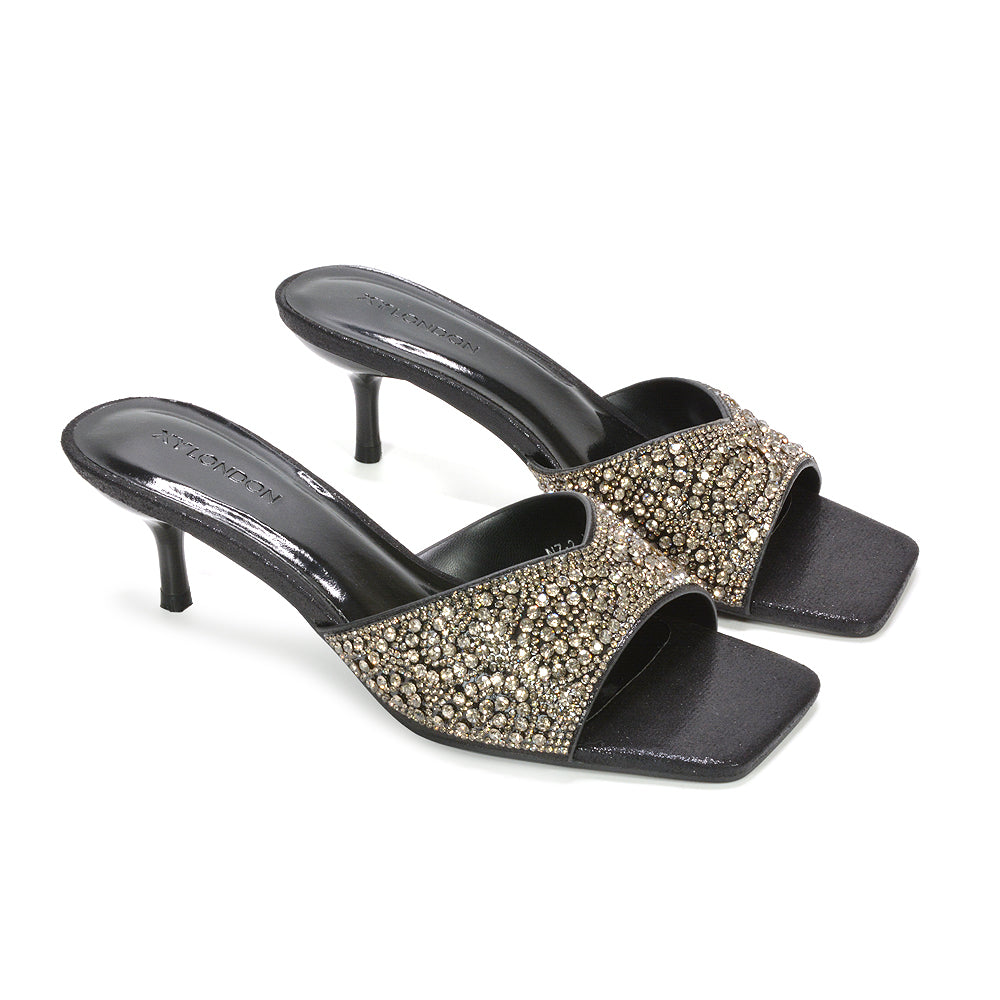 crystal embellished mule sandals, crystal embellished kitten heel sandals for women, wedding guest heels, luxury embellished heels, buy crystal mule sandals online, black kitten heels, black mule heels