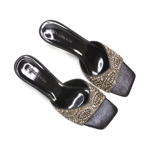 kitten heel mule sandals, elegant rhinestone mule heels for weddings, bridal party sandals, mule heels, affordable rhinestone heels, black heeled sandals, black stiletto heels