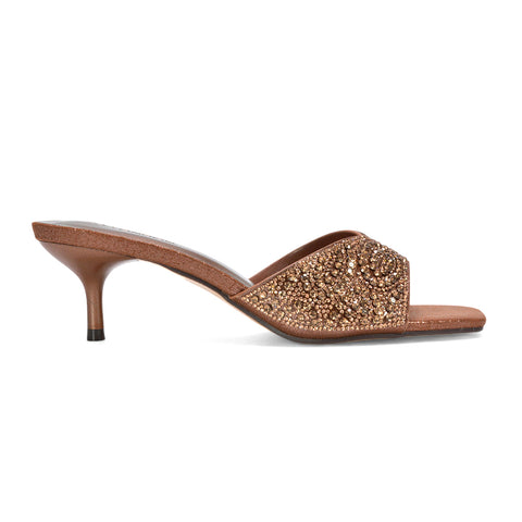 kitten heel mule sandals, elegant rhinestone mule heels for weddings, bridal party sandals, mule heels, affordable rhinestone heels, bronze heeled sandals, bronze stiletto heels