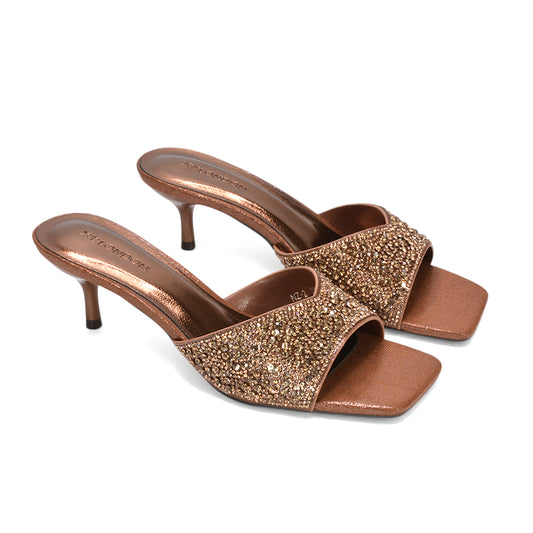 square toe mule heels, dressy slip-on heels with crystals, formal event sandals, best kitten heel mules for women, bronze square toe heels, bronze slip on heels