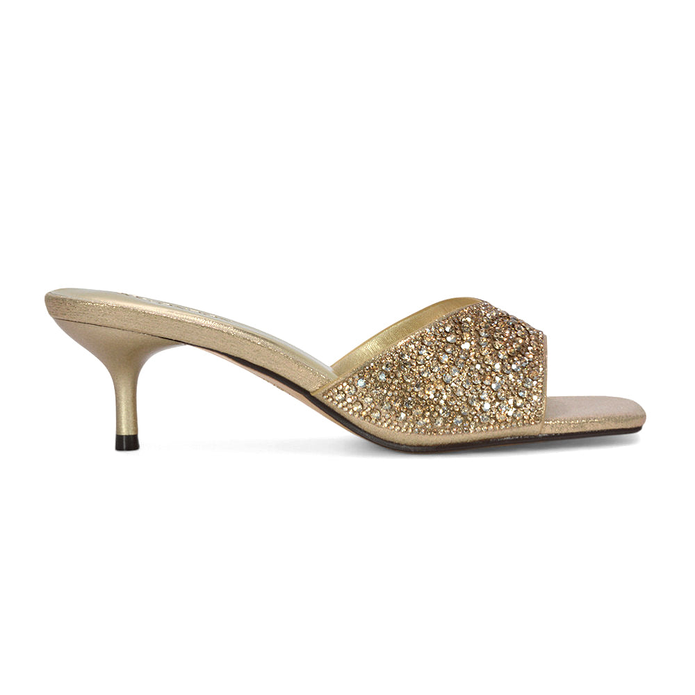 square toe mule heels, dressy slip-on heels with crystals, formal event sandals, best kitten heel mules for women, gold square toe heels, gold slip on heels
