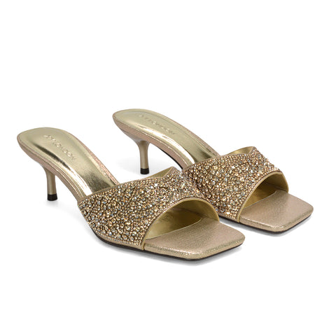 crystal embellished mule sandals, crystal embellished kitten heel sandals for women, wedding guest heels, luxury embellished heels, buy crystal mule sandals online, gold kitten heels, gold mule heels