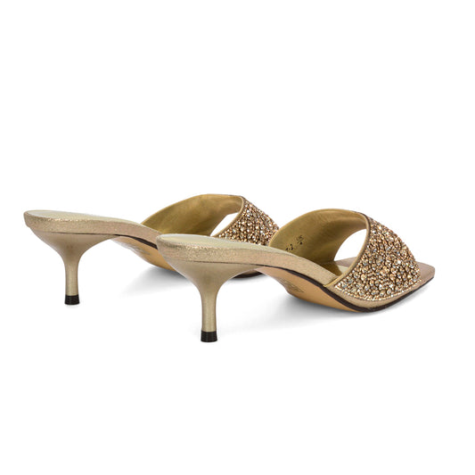 slip on square toe mule heels, square toe heeled sandals, stiletto heels, mid heels, gold mid heels, gold square toe mule heels