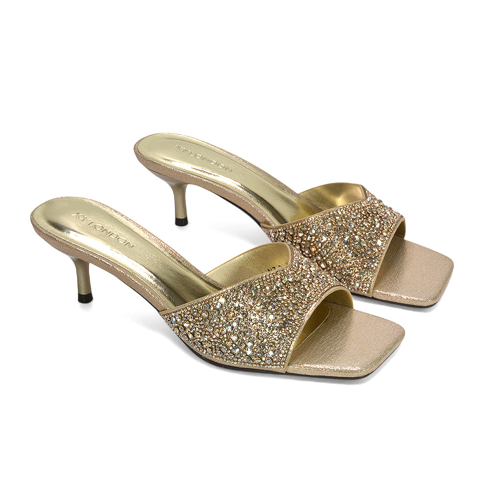 kitten heel mule sandals, elegant rhinestone mule heels for weddings, bridal party sandals, mule heels, affordable rhinestone heels, gold heeled sandals, gold stiletto heels