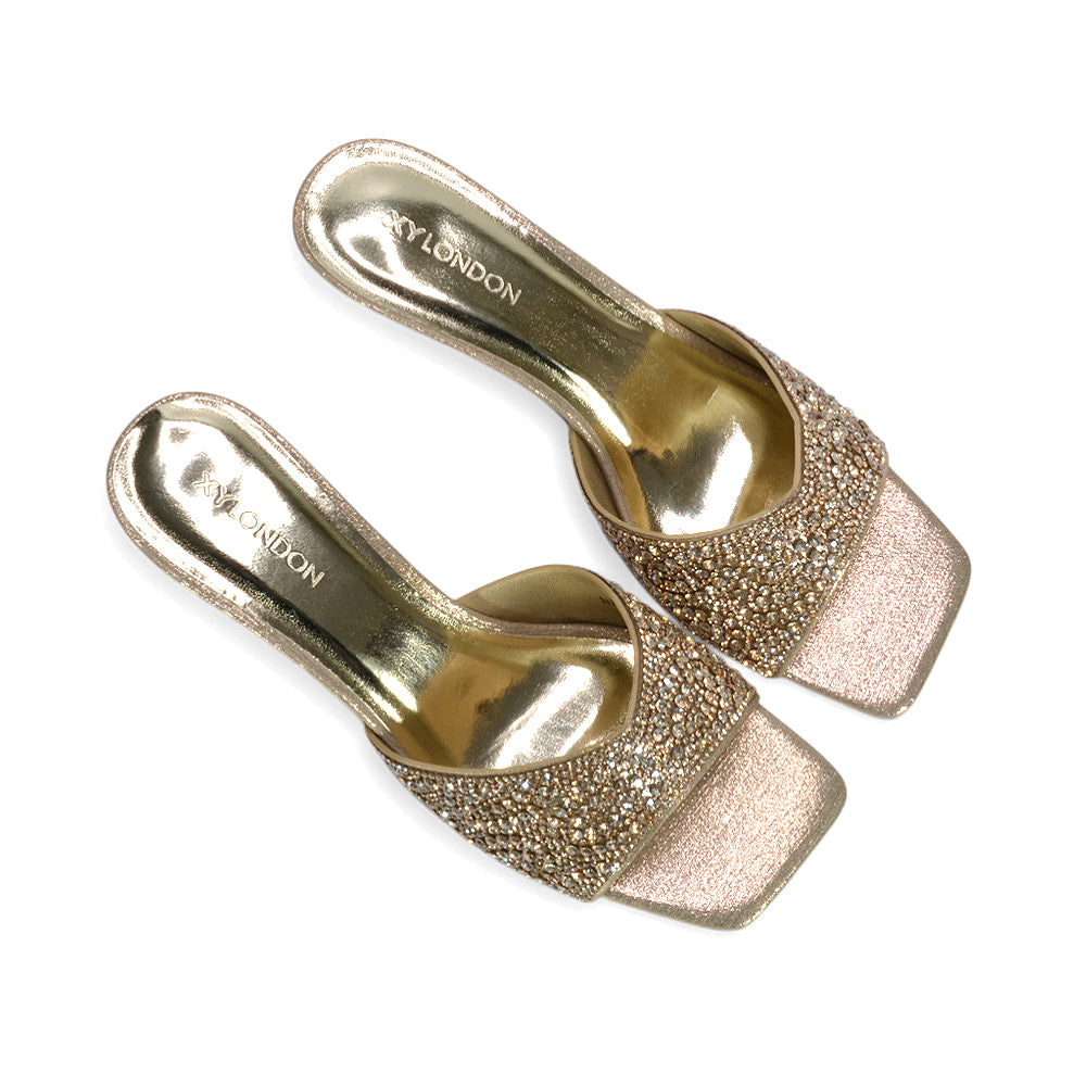 rhinestone mule heels, comfortable kitten heel mules for parties, evening party heels, trendy square toe sandals, party heels, gold sparkly heels, gold party heels