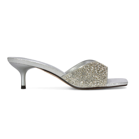 square toe mule heels, dressy slip-on heels with crystals, formal event sandals, best kitten heel mules for women, silver square toe heels, silver slip on heels