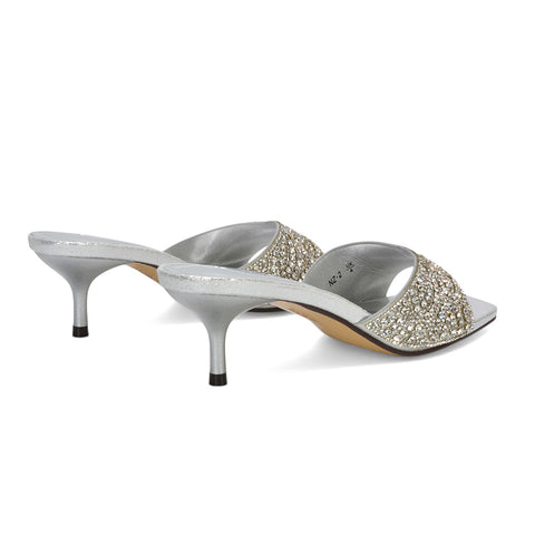 slip on square toe mule heels, square toe heeled sandals, stiletto heels, mid heels, silver mid heels, silver square toe mule heels