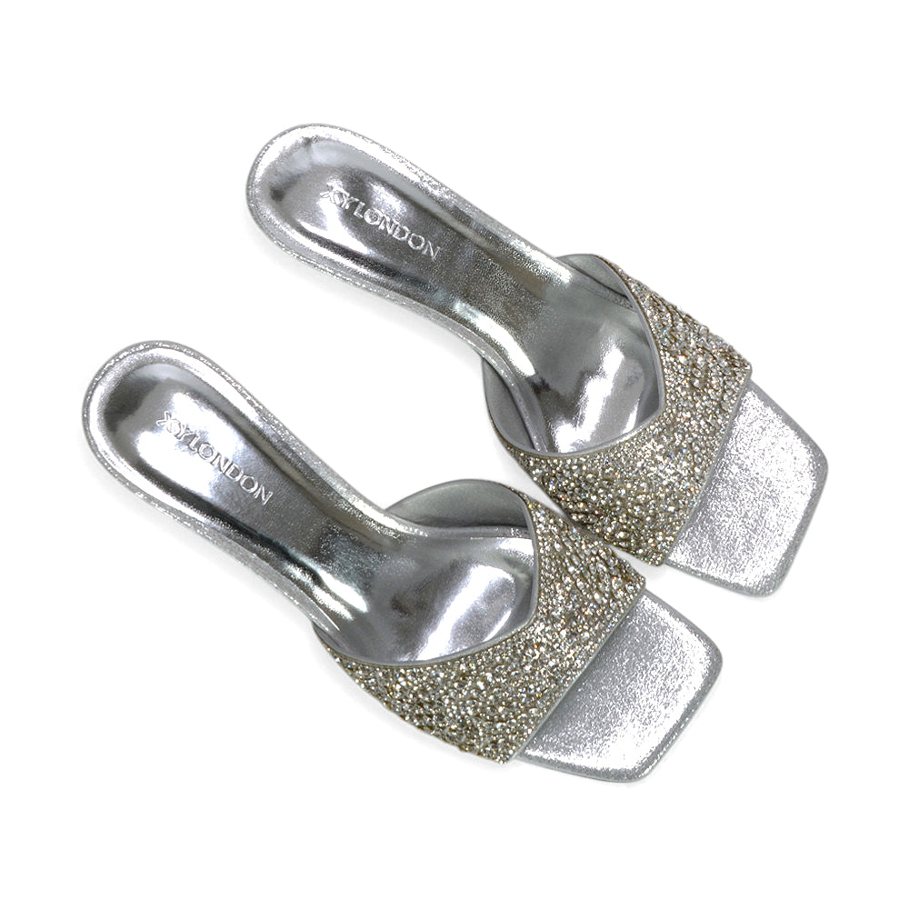 rhinestone mule heels, comfortable kitten heel mules for parties, evening party heels, trendy square toe sandals, party heels, silver sparkly heels, silver party heels