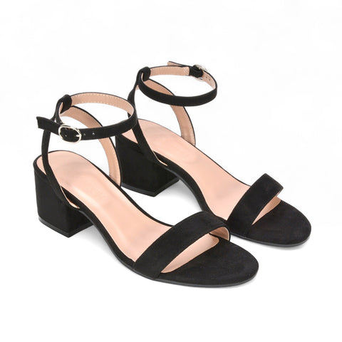 Black Strappy Heel Sandals, Women's black dress sandals with block heel, Women's black wedding guest shoes
