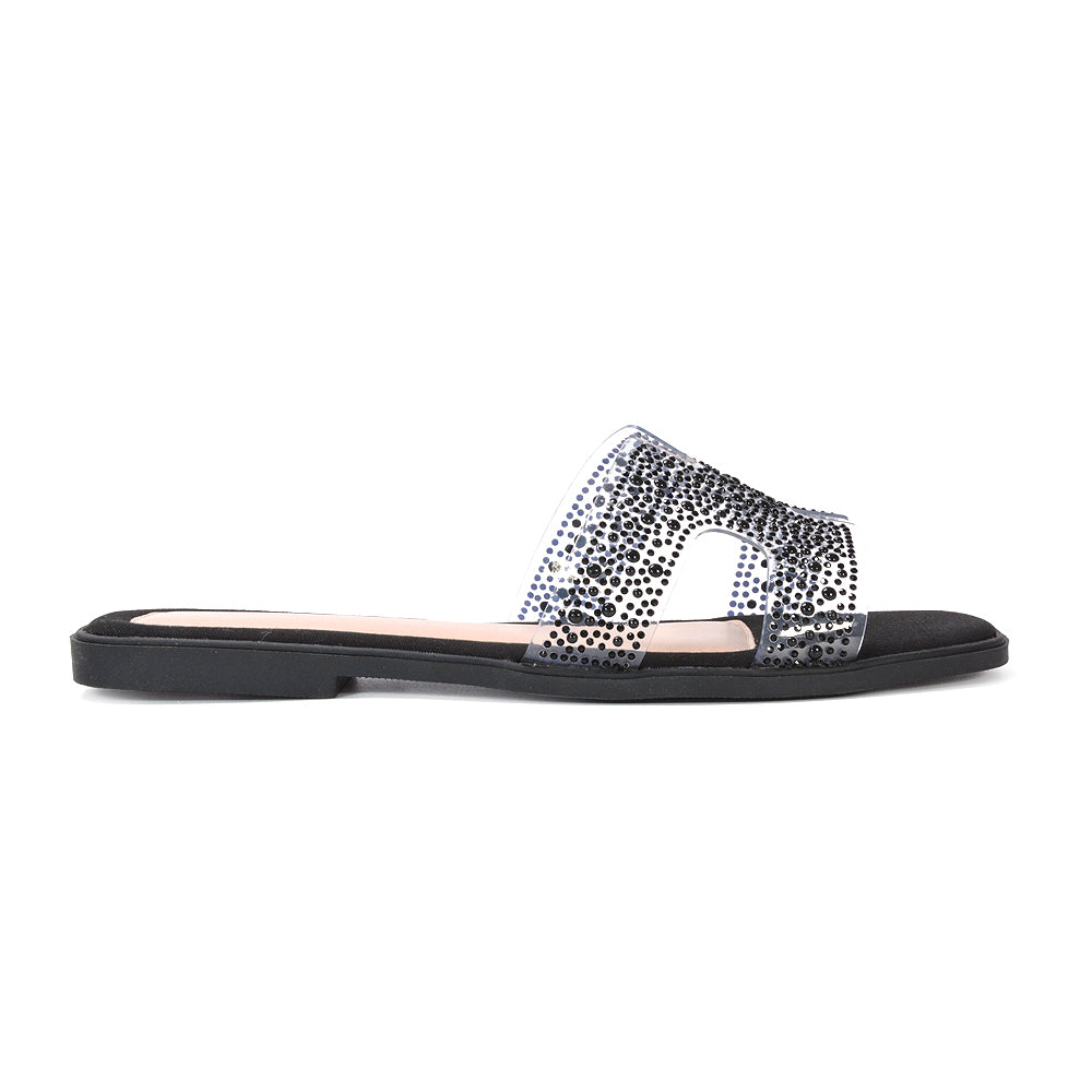 black diamante flat sandals, black wedding sandals, diamante flat sandals, wedding sandals, casual holiday sandals