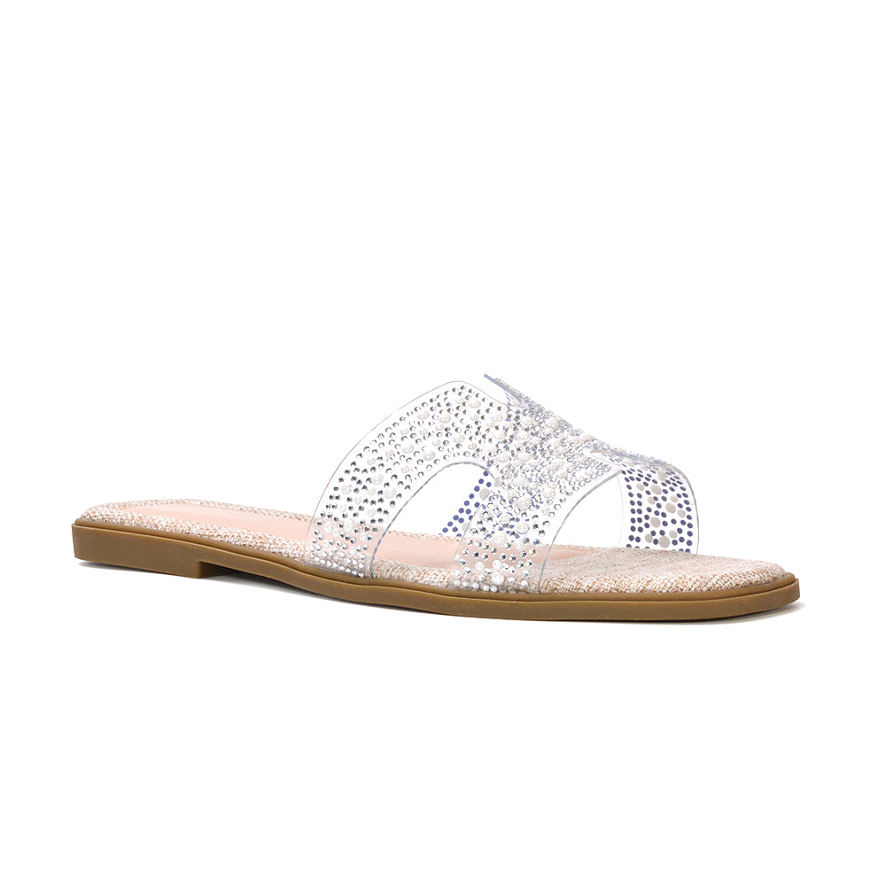nude sandals for summer, nude sandals for holidays, sandals for summer, sandals for holiday, nude slip on flat sandals, nude mule sandals, mule sandals, sparkly sandals for holiday