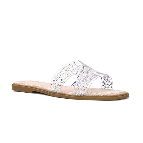 nude sandals for summer, nude sandals for holidays, sandals for summer, sandals for holiday, nude slip on flat sandals, nude mule sandals, mule sandals, sparkly sandals for holiday