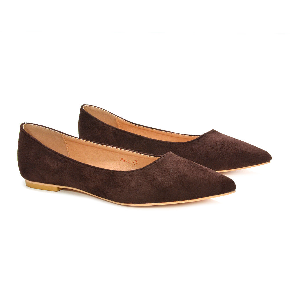 Brown ballet pumps, Brown faux suede slip-on shoes, Workwear flats, Faux suede flats, Cushioned ballet flats, Casual flats for women, Round toe flats
