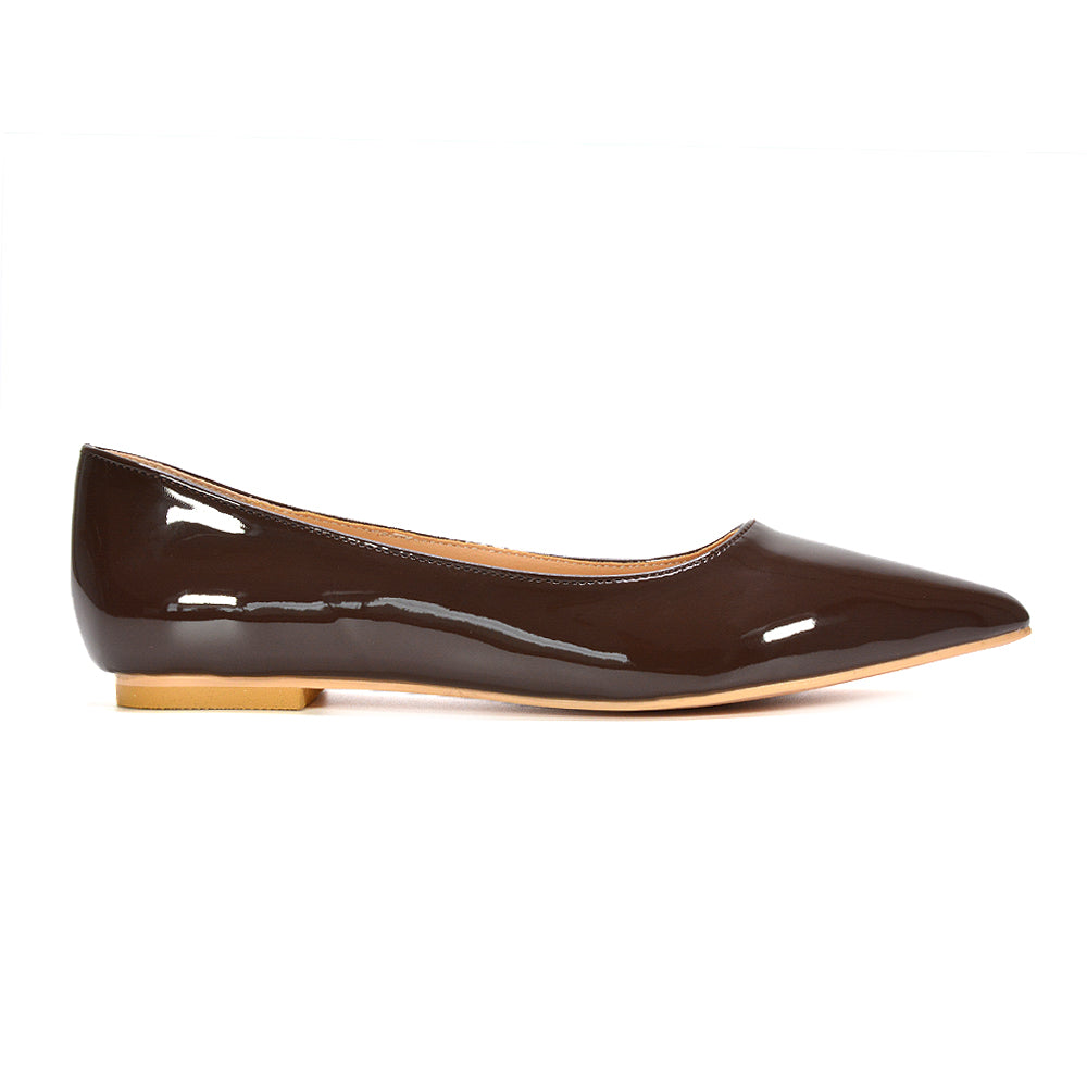 Brown patent slip-on flats, Brown patent dress flats, Brown party or evening flats, Classic ballerina flats, Brown patent ballet pumps, Glossy ballerina flats