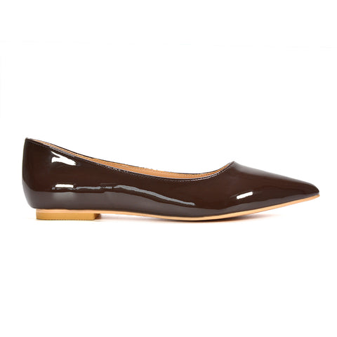 Brown patent slip-on flats, Brown patent dress flats, Brown party or evening flats, Classic ballerina flats, Brown patent ballet pumps, Glossy ballerina flats