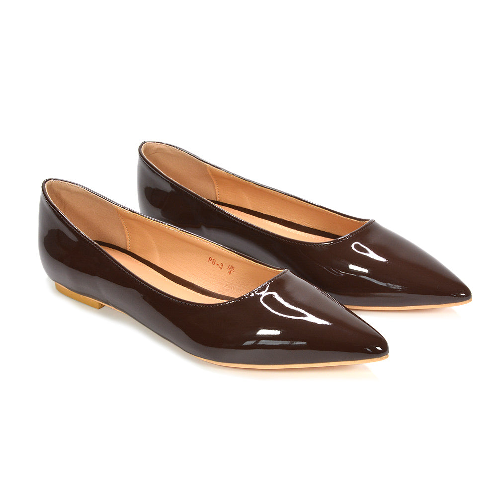 Brown patent ballet pumps, Patent leather ballet pumps, Pointed-toe ballet pumps, Women’s brown patent ballet pumps, Glossy brown ballet shoes, Workwear ballet flats, Trendy ballet pump