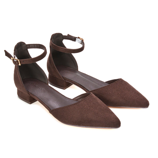 brown court shoes, low heel strappy brown court shoes for women, brown pointed toe low heel shoes