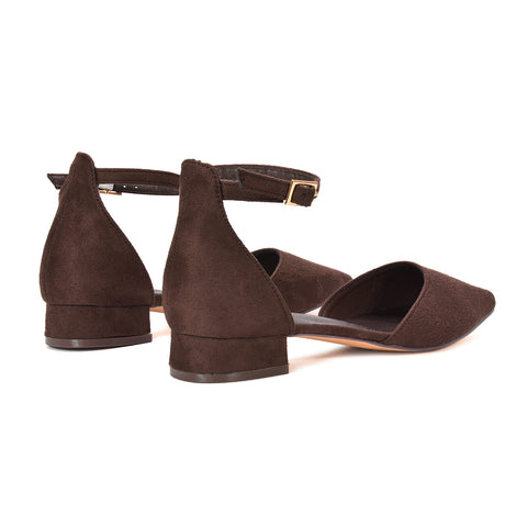 women’s brown pointed toe heels, brown low block heel bridal shoes, elegant brown evening heels