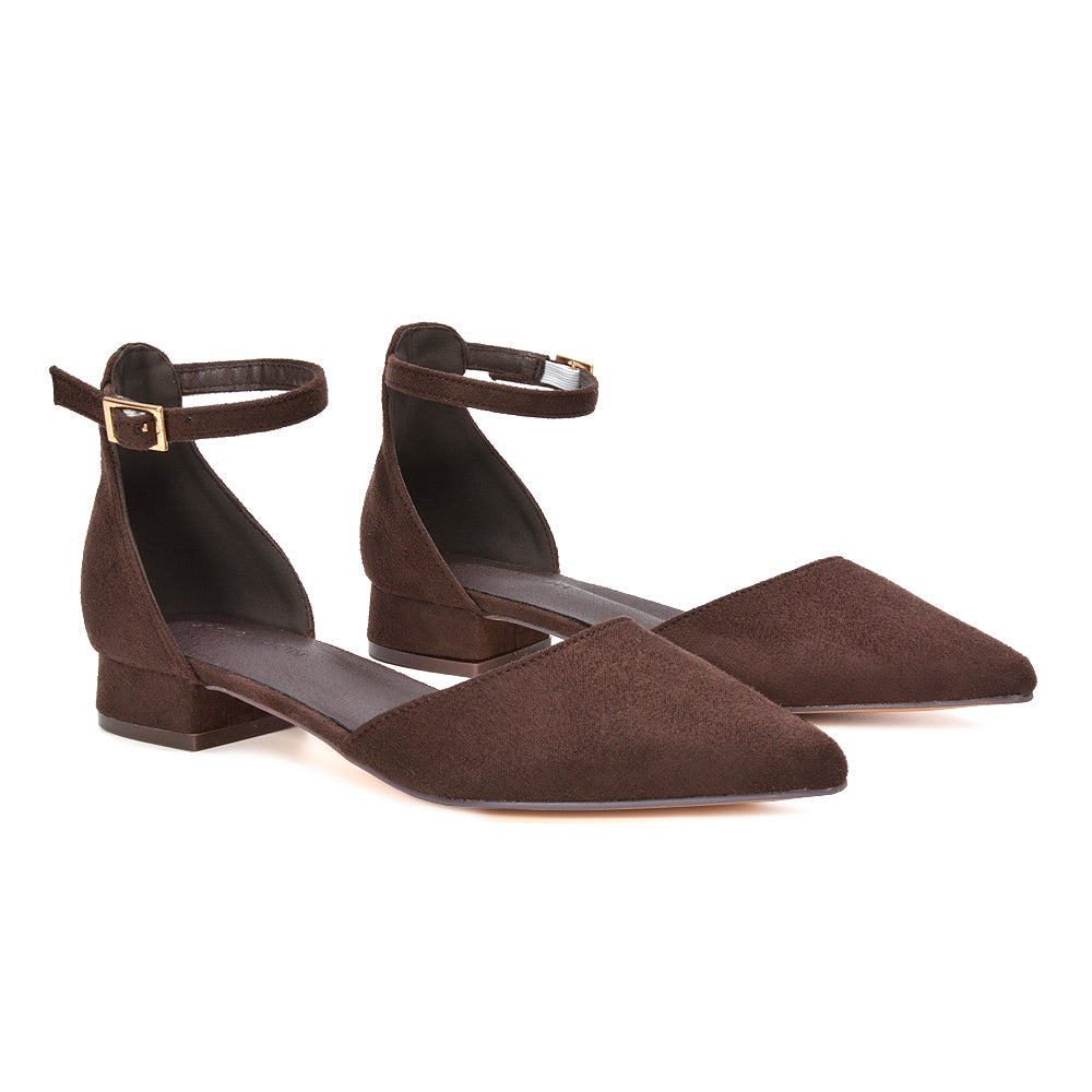 women’s brown shoes, pointed toe ankle strap brown low heels, brown strappy court shoes