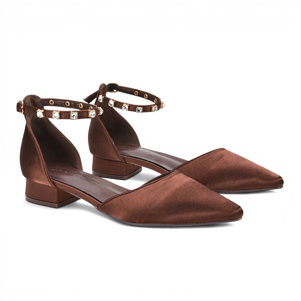 women’s brown low heel ankle strap party shoes, women’s brown low heel ankle strap party shoes, supportive brown ankle strap shoes for women, brown pointed toe court shoes with diamante strap