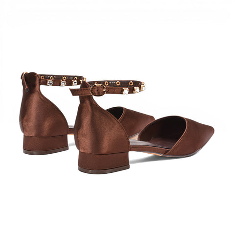brown crystal detail occasion shoes for women, low block heel shoes, brown occasion shoes with crystal detailing, brown crystal embellished court shoes for ladies