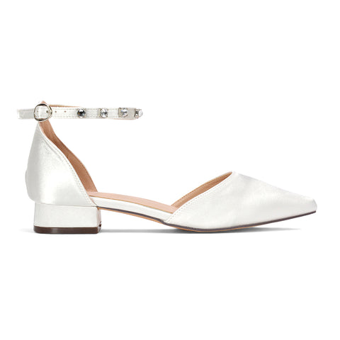 ivory low block heel diamante bridal court shoes, comfortable bridal shoes for walking down the aisle, ivory bridesmaid shoes with diamante detail, ladies ivory diamante ankle strap bridal court shoes
