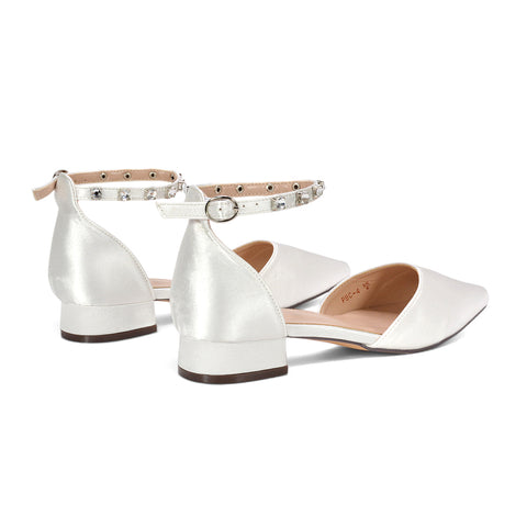 ivory pointed toe bridal shoes with diamante strap, ivory bridal footwear with sparkle, supportive wedding shoes with a stable block heel, wedding reception shoes with comfortable heel, ivory crystal embellished court shoes for wedding day