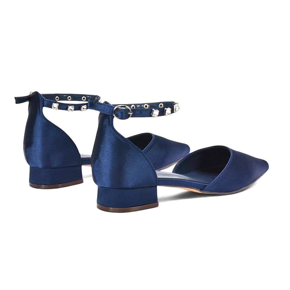 navy blue dress shoes for women with low block heel, navy blue party shoes with ankle strap fastening, low heel navy shoes for standing and dancing, navy blue pointed court shoes with sparkle strap