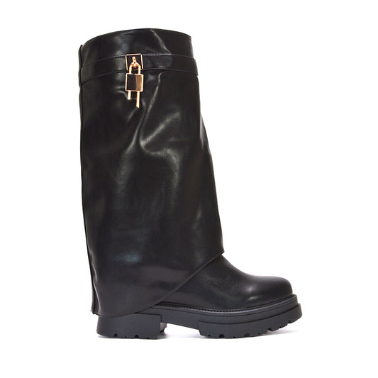 black biker boots, black fold over boots, Fold-over knee boots for women, Edgy women's biker boots black