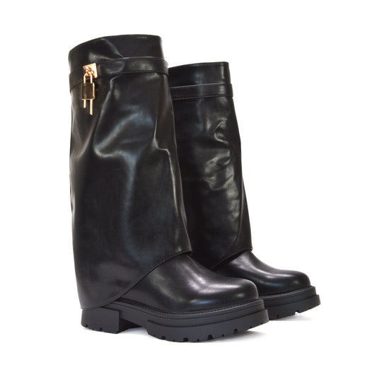 black knee high fold over boots, black fold over biker boots, Women's PU leather biker boots, Fold-over knee boots for women
