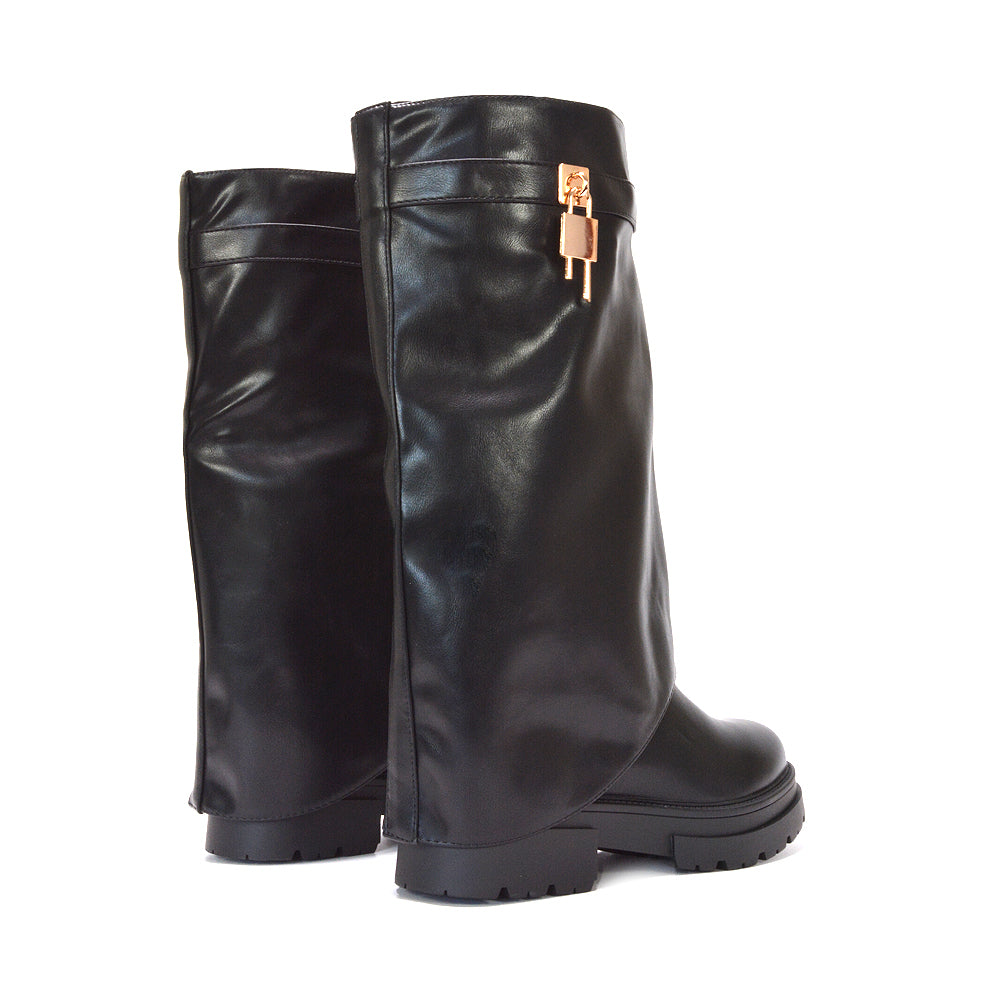 Women's black biker boots with fold-over top, Faux leather fold-down boots, Chunky black boots with fold-over shaft and gold details, Women's faux leather biker boots with platform sole