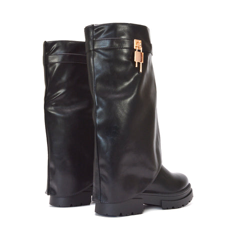 Women's black biker boots with fold-over top, Faux leather fold-down boots, Chunky black boots with fold-over shaft and gold details, Women's faux leather biker boots with platform sole
