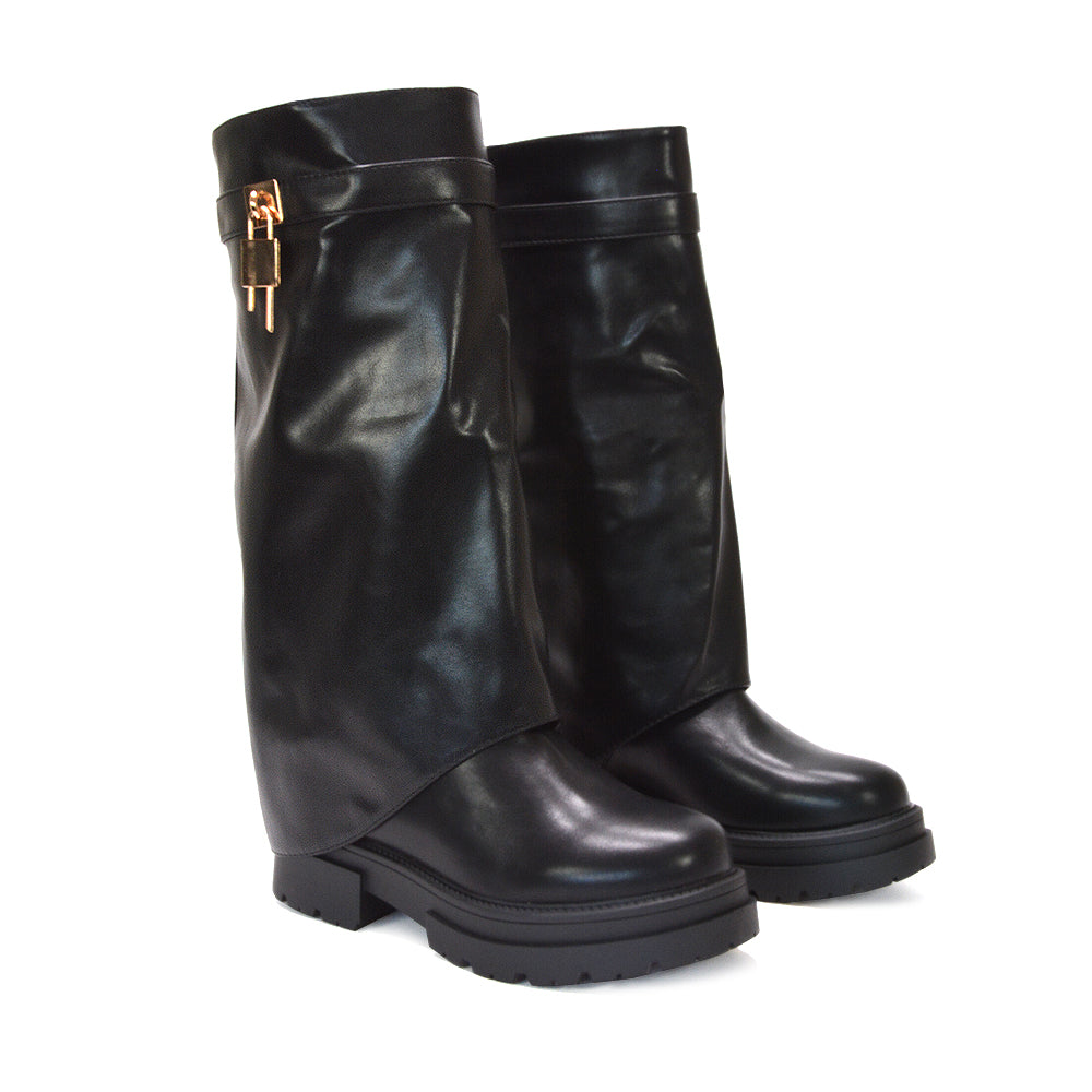 Buy fold-over biker boots online, Affordable black PU leather boots with gold buckle, Edgy boots for winter outfits, Festival boots for edgy looks