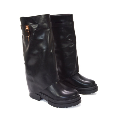 PU leather fold-over boots, PU black boots for edgy street style, Where to buy fashion-forward biker boots, Women's faux leather biker boots with platform sole