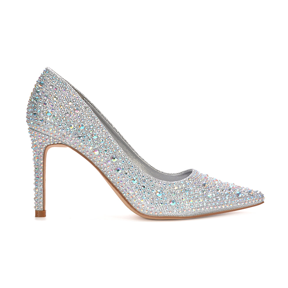 silver diamante high heels, silver rhinestone heels, diamante high heels, rhinestone heels