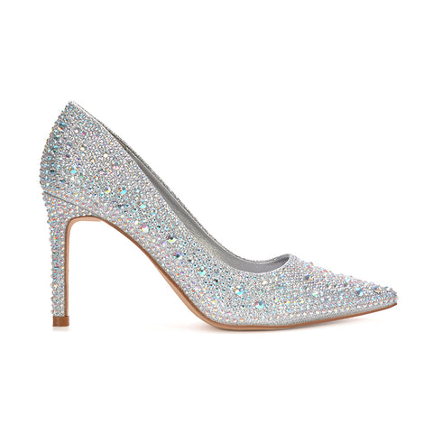silver diamante high heels, silver rhinestone heels, diamante high heels, rhinestone heels