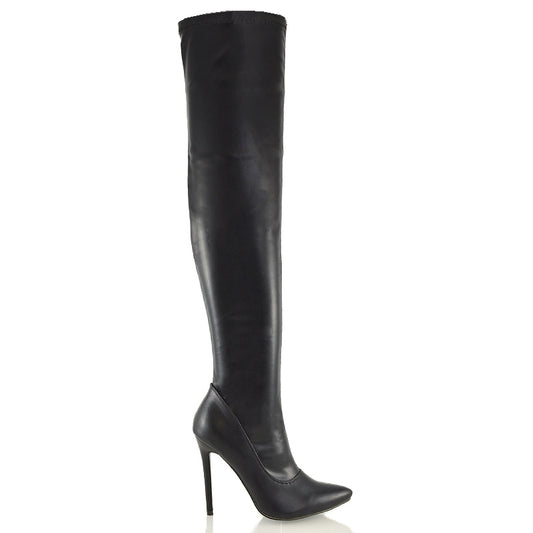 Black Synthetic Leather | XY London | black synthetic leather boots,thigh high boots,ladies boots online,pointed toe boots,stiletto heels