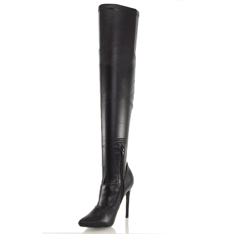 Black Synthetic Leather | XY London | black synthetic leather boots,thigh high boots,ladies boots online,pointed toe boots,stiletto heels